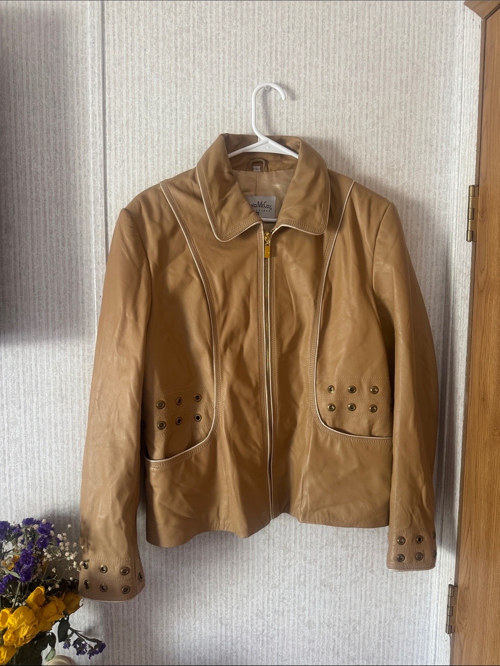 Pamela McCoy Tan Leather Zip Jacket with Stud Details
